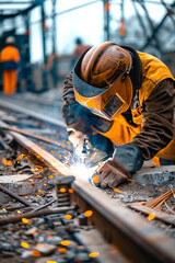 vertical image of Skilled Welder working on Railway Tracks with Sparks Flying