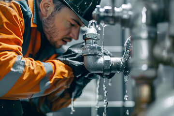 Maintenance plumber Worker Inspecting and Repairing a Leaking Industrial Water Pipe