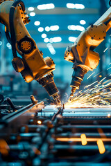 vertical photo of Industrial Robot arms working in industrial factory production line Welding with Sparks
