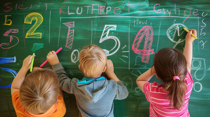 back view of Children Drawing and Writing Numbers with Chalk on School Blackboard