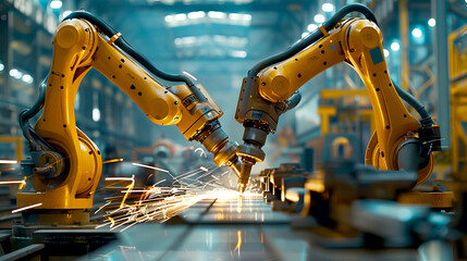 Industrial robot arms working in industrial factory production line