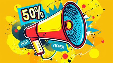 Colorful Sale Announcement Design banner with Megaphone and Discount Offer on yellow background