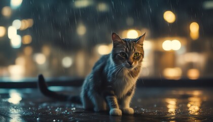 Mysterious cat on rainy night - 782281300