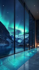 Modern house with amazing view of mountains and lake with aurora borealis in the sky