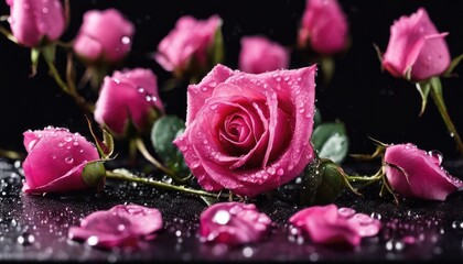 Dew-kissed pink rose among petals - 782281320