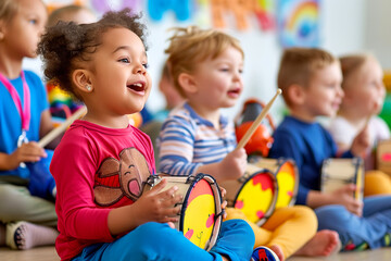 Cheerful Toddlers Playing Tambourine in preschool Music Class