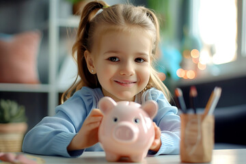 Smiling little Girl with Pigtails playing with a Pink Piggy Bank at Home