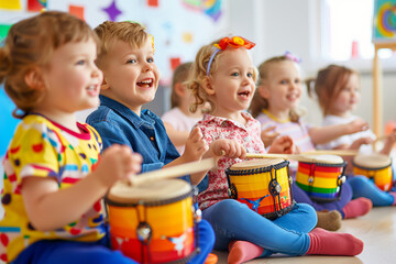 group of Happy Kids learning a play Music with Drums in Preschool