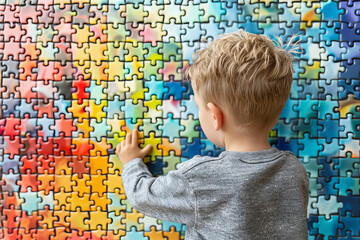 Young Child boy Solving a Colorful Jigsaw Puzzle pieces on a Wall