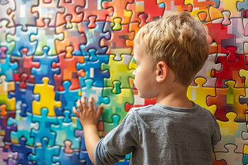 Little Boy Concentrating on Fitting Puzzle Pieces Together on a colorful Puzzle Wall