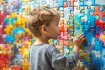 Curious Boy Matching Pieces on a Large Wall-Mounted Puzzle Mosaic