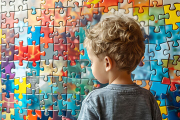 Young Toddler boy Reaching for a Piece in a Vibrant Wall Puzzle Game