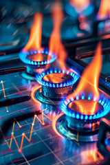 vertical photo of Blue Gas Flames on a Stove with Financial Graph Reflections on Surface