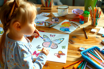 Creative Little Girl Concentrating on Coloring a Butterfly Drawing at Home