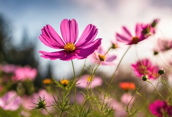 Vibrant pink cosmos flowers on sunny day - 782281372