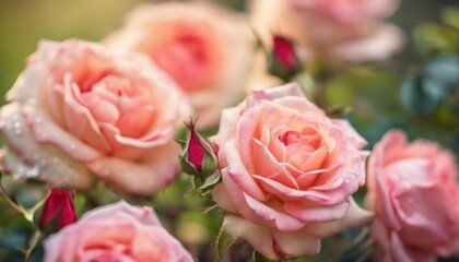 Dew-kissed blooms - serene garden roses at dawn - 782281373