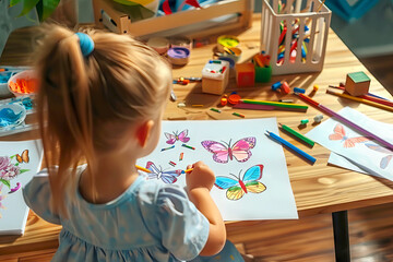 Young Child girl Coloring Beautiful Butterflies with colorful Crayons in kindergarten