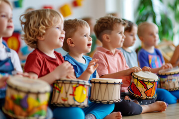 Group of Preschool Children Enjoying a Drum in music Classroom