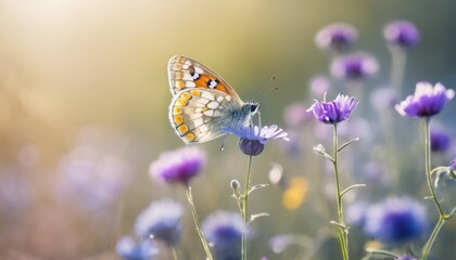 Sunlit butterfly on purple wildflowers - 782281511