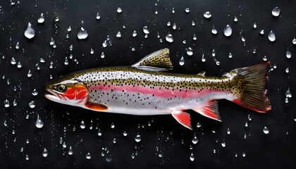 Fresh rainbow trout on wet surface - 782281542