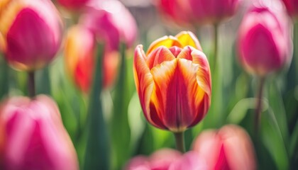 Vibrant tulip among pink blooms - 782281554