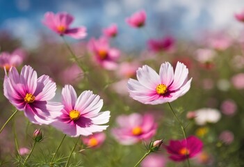 Vibrant cosmos flowers in sunlit field - 782281573