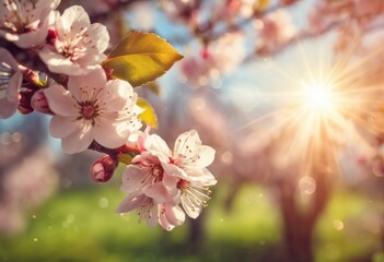 Blossoming cherry branch at sunset - 782281575