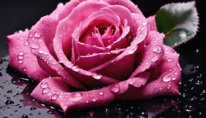 Dew-kissed deep pink rose on dark background
