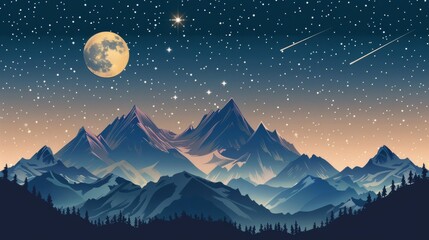 Starry night sky over layered mountain landscape with full moon