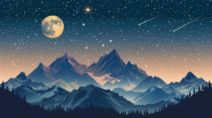 Fototapeta premium Starry night sky over layered mountain landscape with full moon