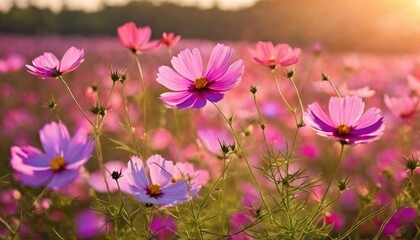 Golden hour glow on vibrant cosmos flower field - 782281581