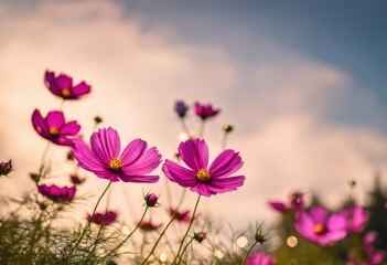 Vibrant cosmos flowers at sunset