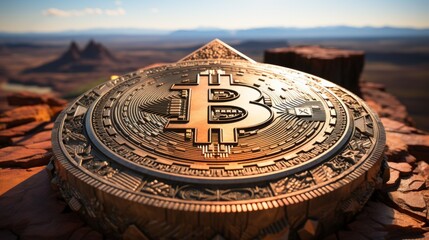 A golden Bitcoin sits on a rock in the desert - obrazy, fototapety, plakaty