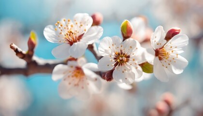 Blooming cherry blossoms against a soft blue background - 782281590