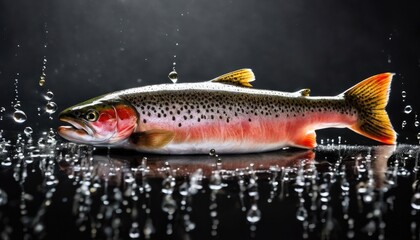 Fresh rainbow trout with water droplets on dark background