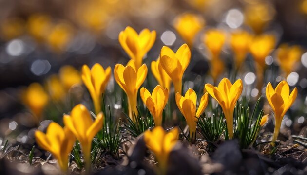Golden crocus field in spring sunshine