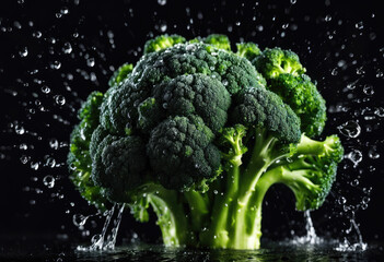 Fresh broccoli with splashing water on dark background