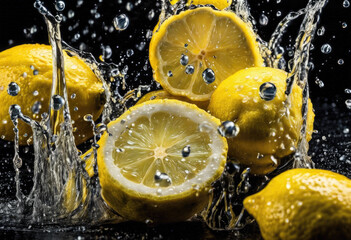 Fresh lemons splashing in water on black background - 782281744