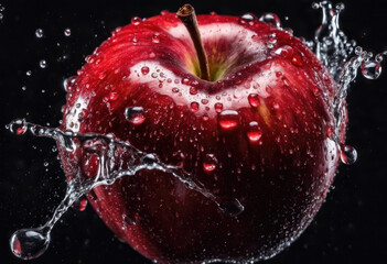 Fresh red apple splashed with water on black background