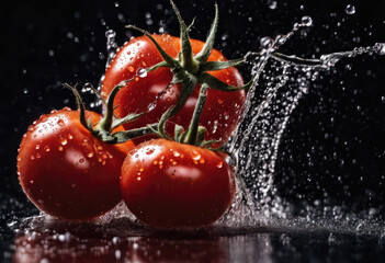 Fresh tomatoes splashed with water on dark background