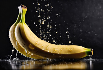 Fresh banana with water splashes on black background