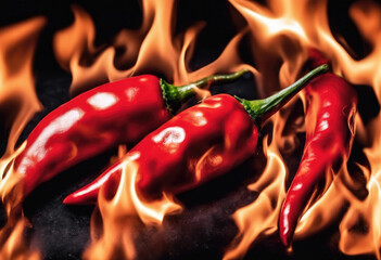 Fiery red chili peppers on flames