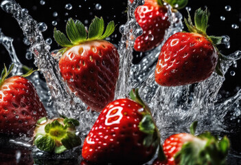 Fresh strawberries splashing in water