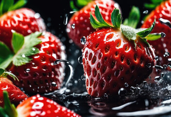 Ripe red strawberries with water droplets on black background - 782281795