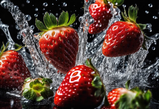 Fresh strawberries splashing in water