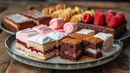Fototapeta na wymiar closeup plate with different cakes, marshmallows, desserts