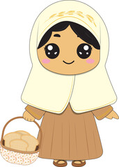 Girl in Islamic clothing carries a basket with matzah bread. for Passover