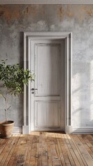 White wooden door in a concrete wall with potted plant - obrazy, fototapety, plakaty