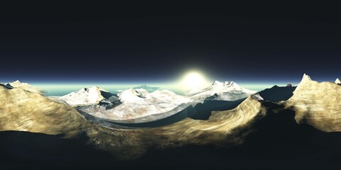 HDRI, Round panorama, spherical panorama, sunrise over the planet, sunrise over the icy moon,
3D rendering - 782282165