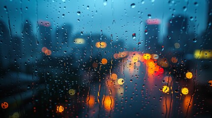 Raindrops on glass window with city lights bokeh background